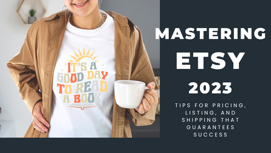model wearing white printed t-shirt with a mug in hand and title written on her right side