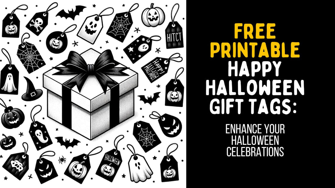 Gift box with lots of tags around it in black and white theme with a heading on right hand side