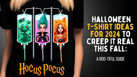 MODEL WEARING HOCUS POCUS T-SHIRT FOR HALLOWEEN WITH A HEADING OF THE ARTICLE ON RIGHT HAND SIDE
