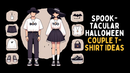 couple wearing cute matching Halloween t-shirts with accessories on a black blackground with the heading of blog on right hand side