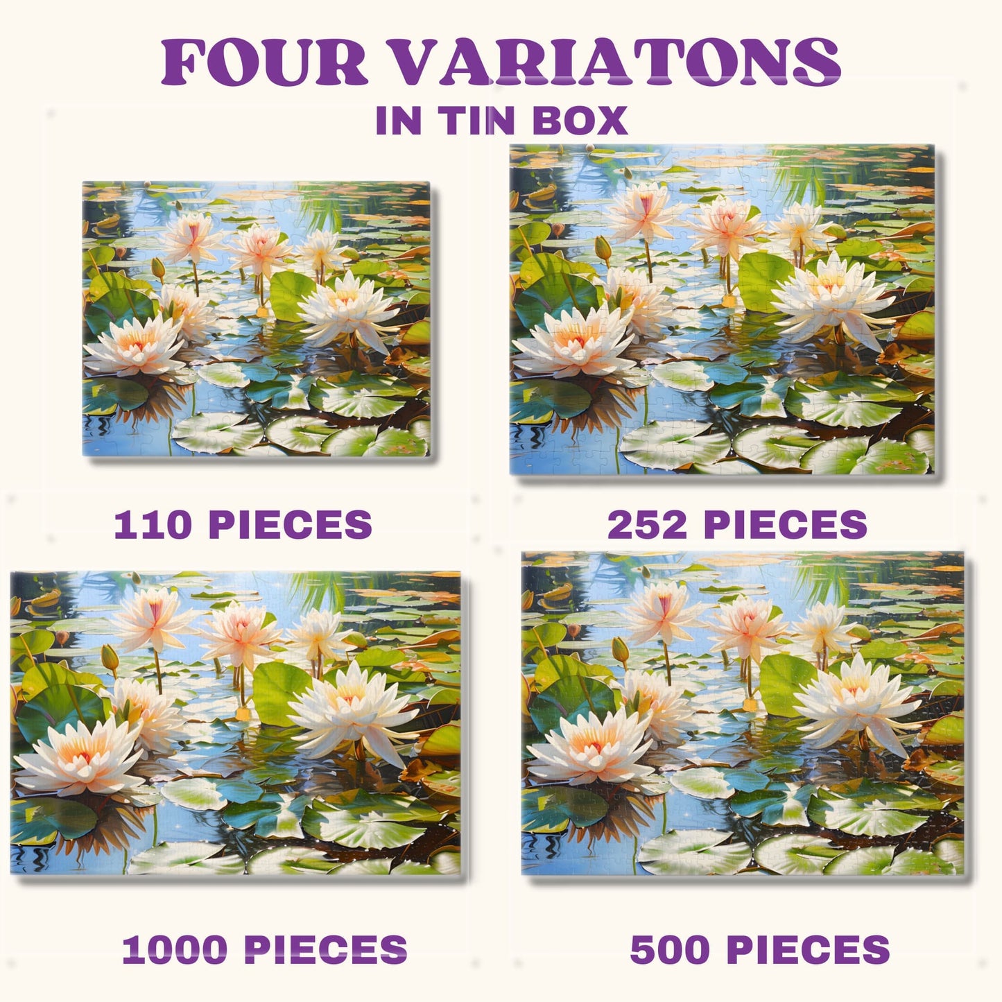 Various design variations of the 1000-piece White Water Lily in Pond puzzle, offering multiple choices for every preference.