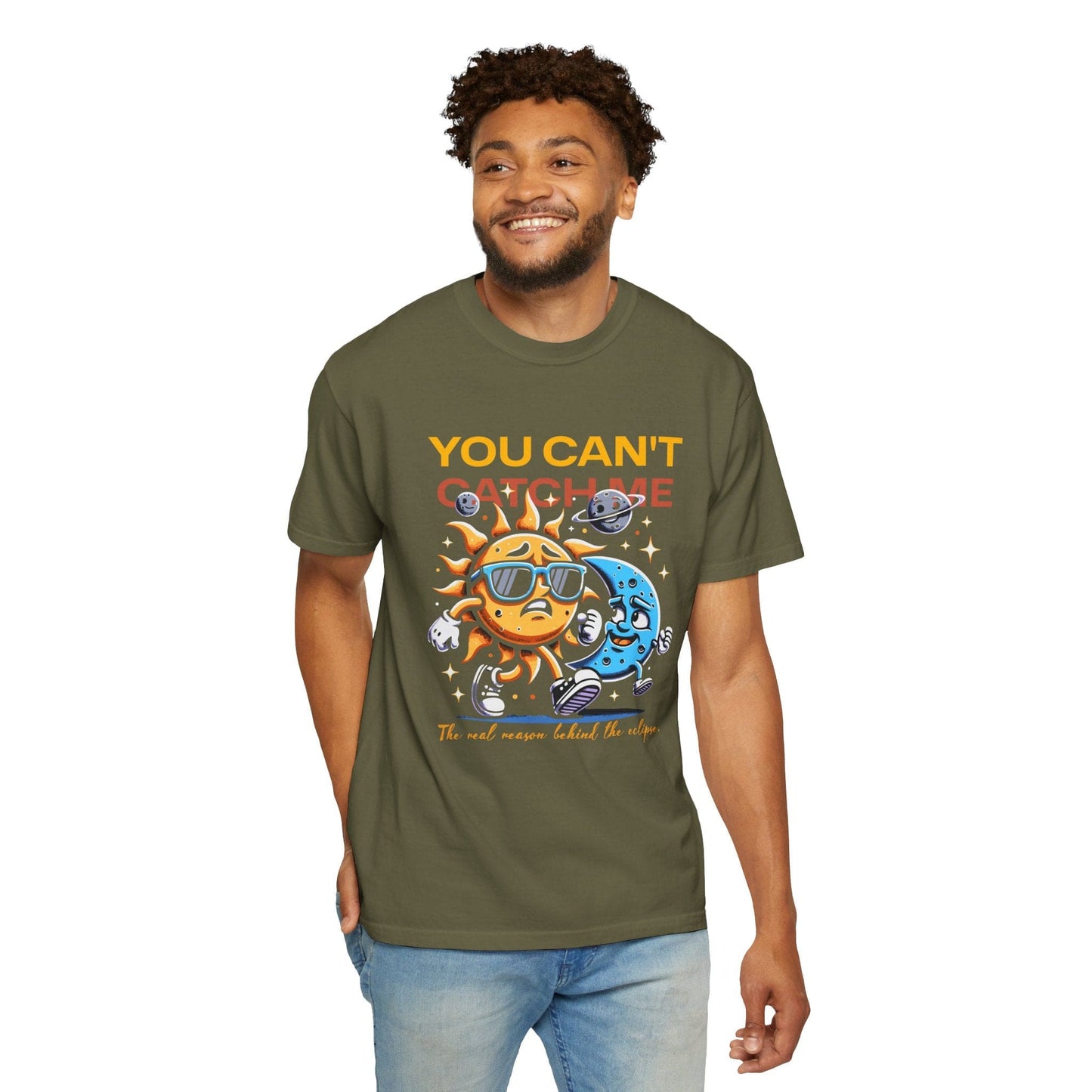 Moon Chasing Sun 2024 Solar Eclipse Funny Comfort Colors Shirt Adult S-4XL - Black/Sage