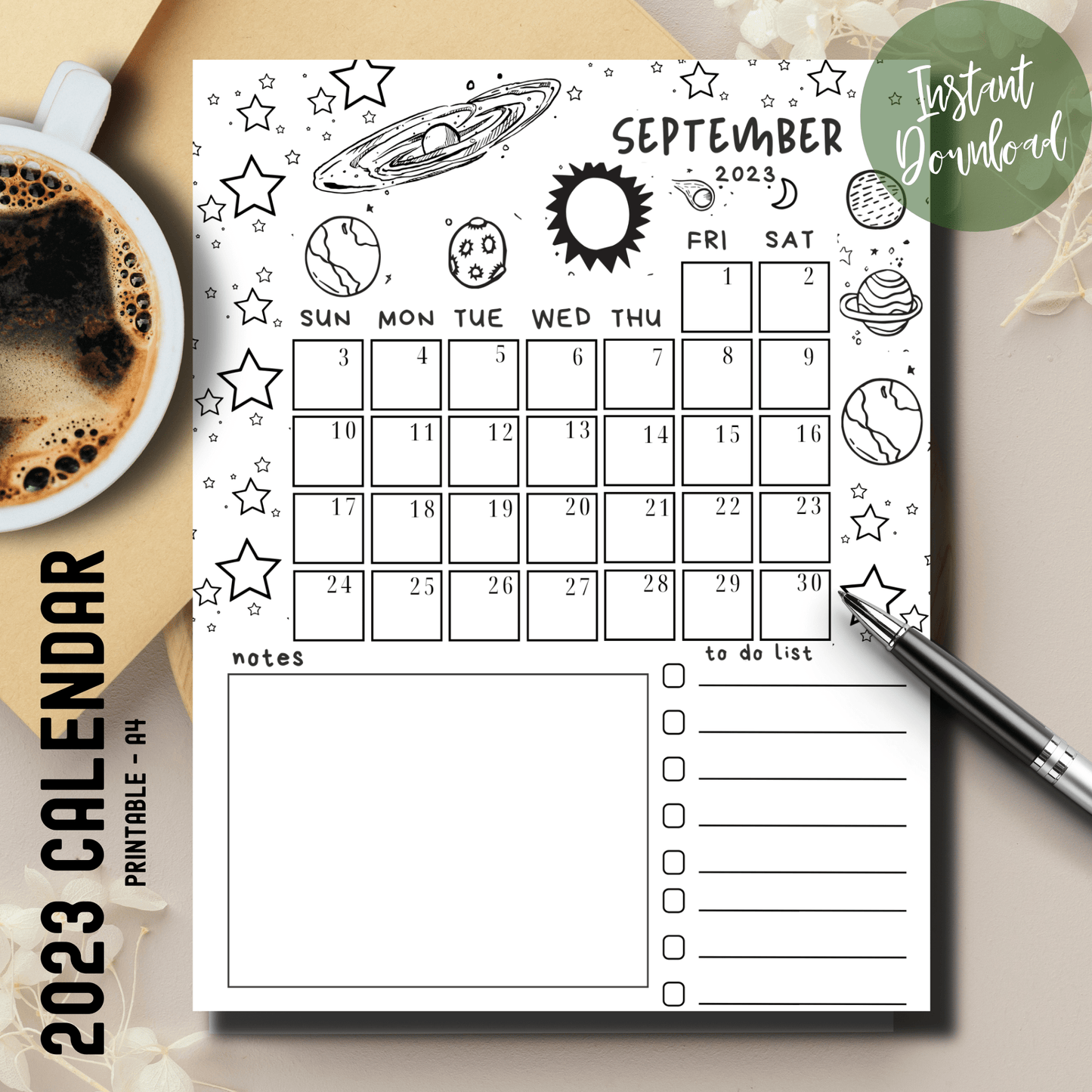 Star and planet-themed illustration for Sarsari Creations' September 2023 printable planner with a free task list.