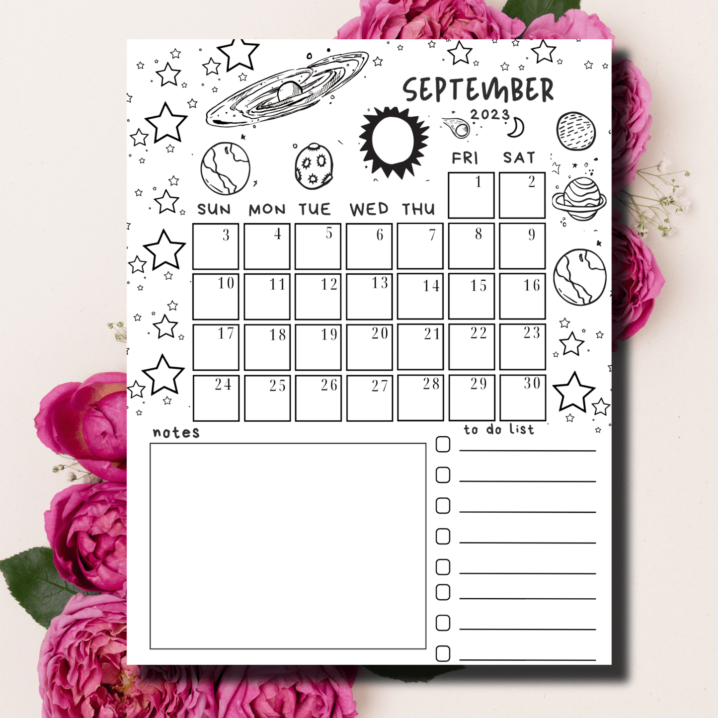 Elegant cosmic-themed illustration of stars and planets on a September 2023 monthly planner by Sarsari Creations, complete with a task list.