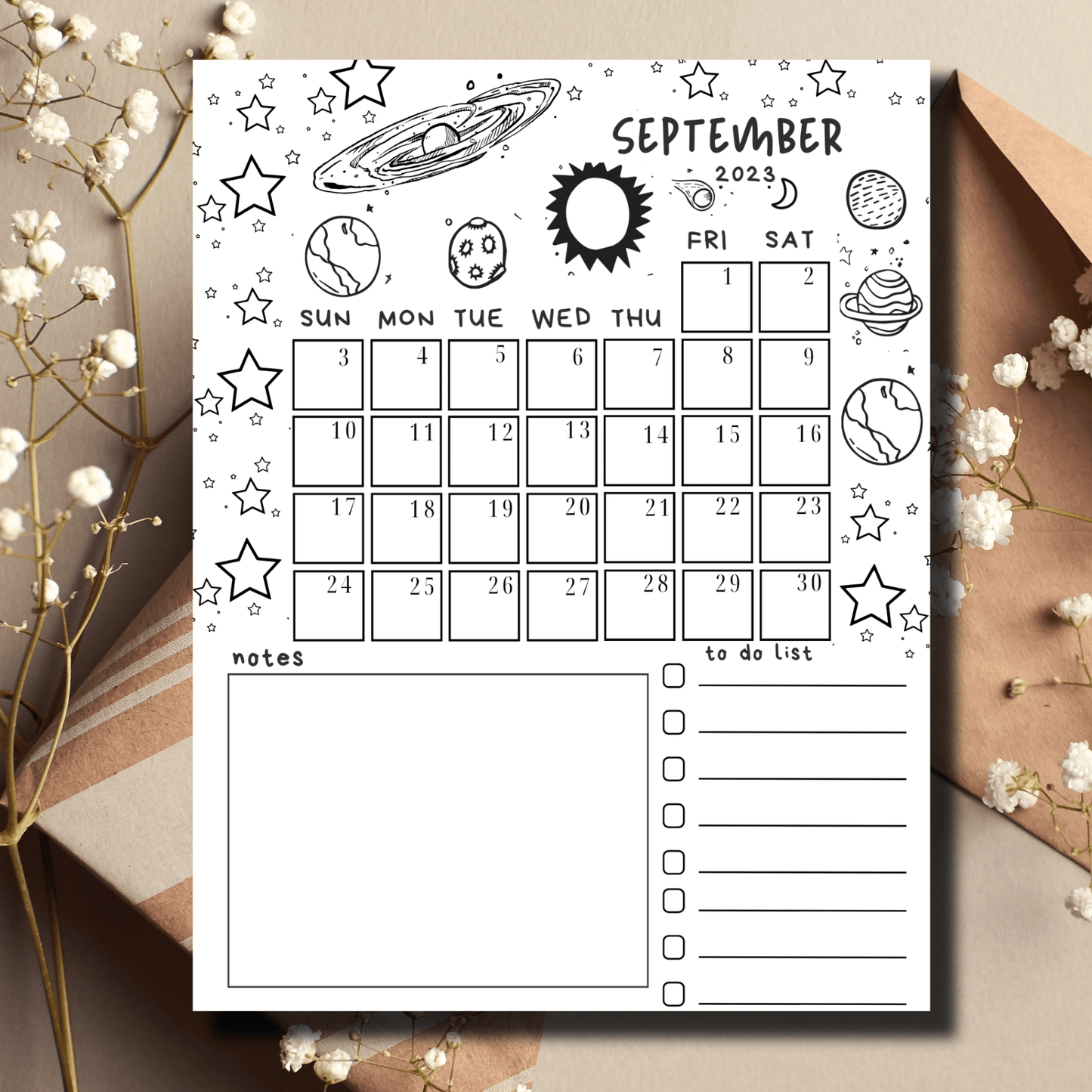 Intricately designed star and planet artwork on a free printable task list and monthly planner for September 2023 by Sarsari Creations.