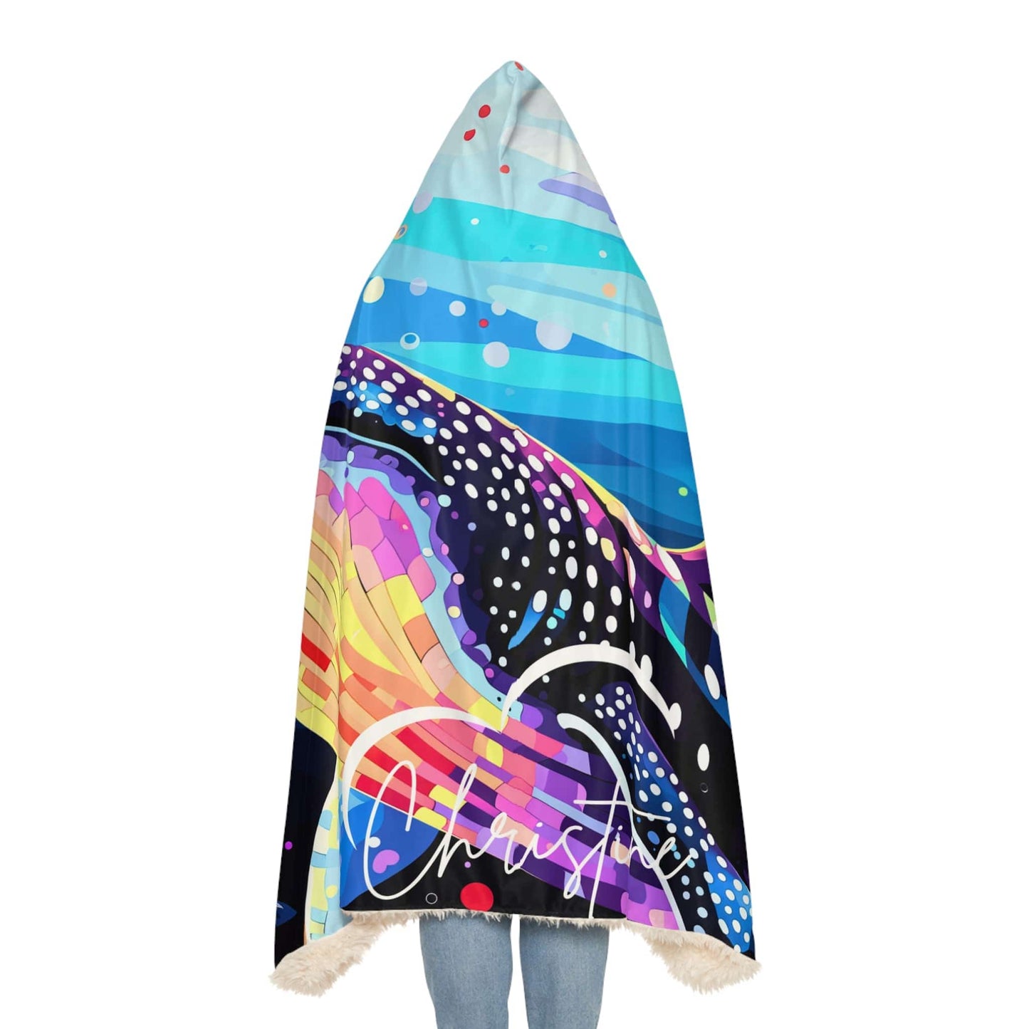 Soft Hooded Blanket Whale Shark (203 x 140 cm) with Custom Name - Oversized Wearable Blanket for Women