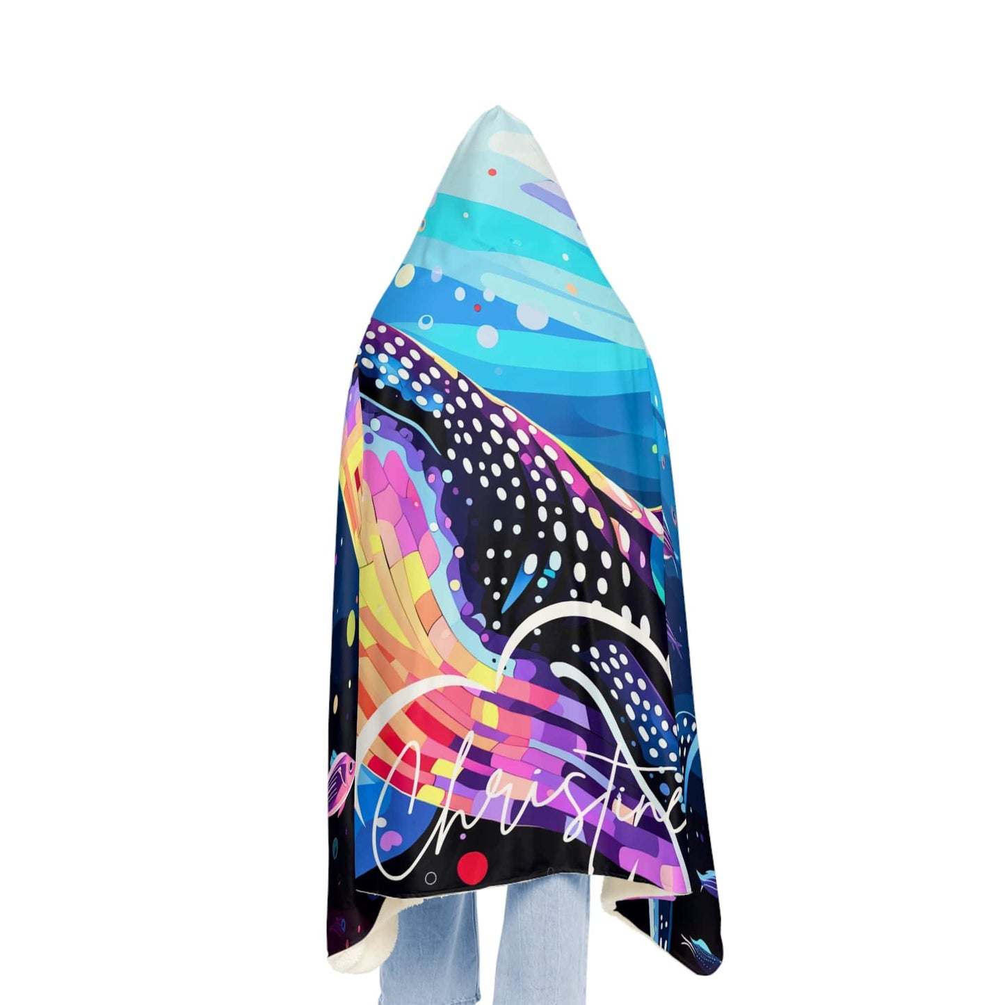 Soft Hooded Blanket Whale Shark (203 x 140 cm) with Custom Name - Oversized Wearable Blanket for Women