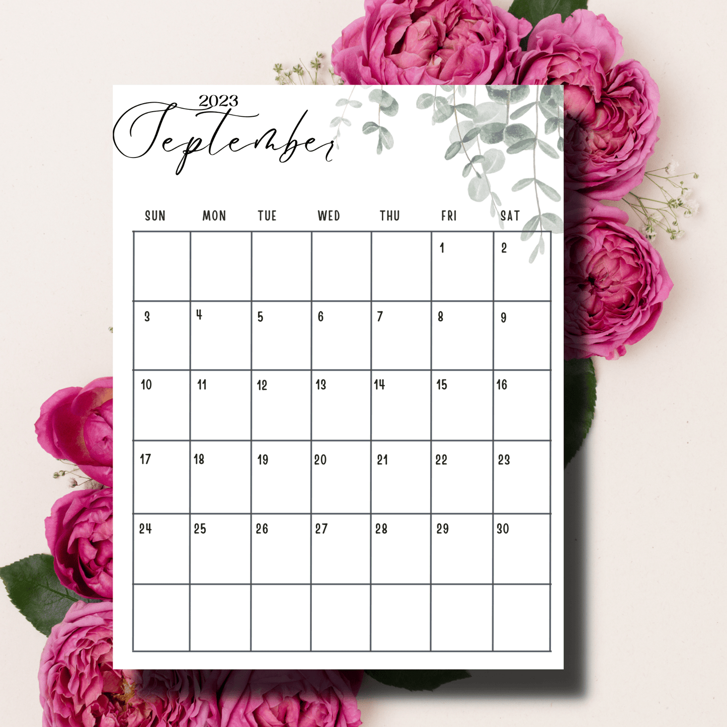 printed september 2023 a4 sheet with pink flowers in the background