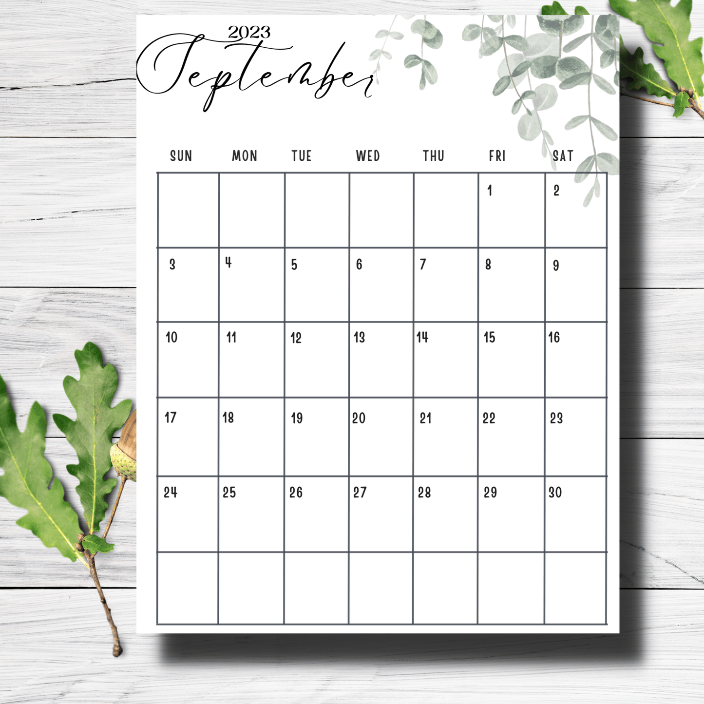 minimalist 2023 september calendar sheet on a wooden table with leaves on it