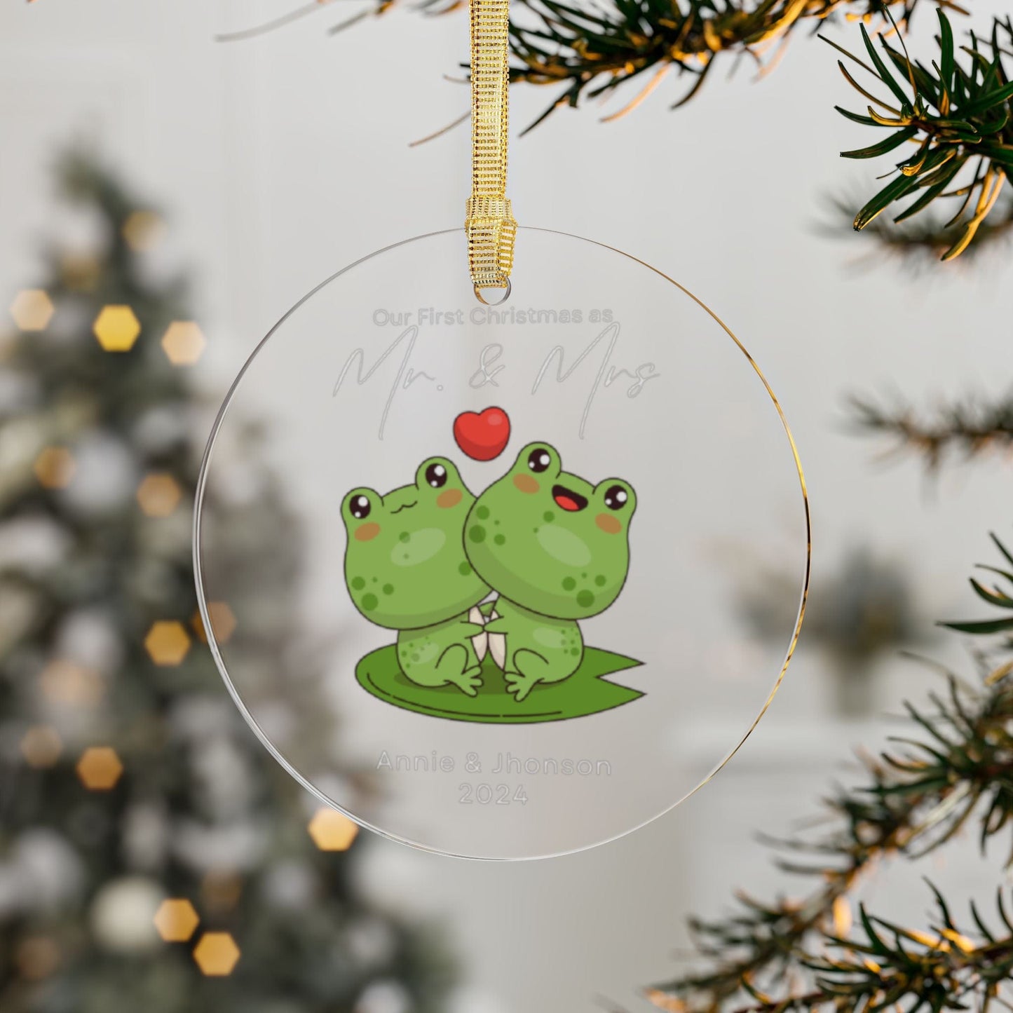 White Green Frog Illustrated Customized First Xmas as Mr & Mrs Family Acrylic Ornament 2024 (3.5inch) - Circle Shape | Bride To Be/Wedding Gift for Couples