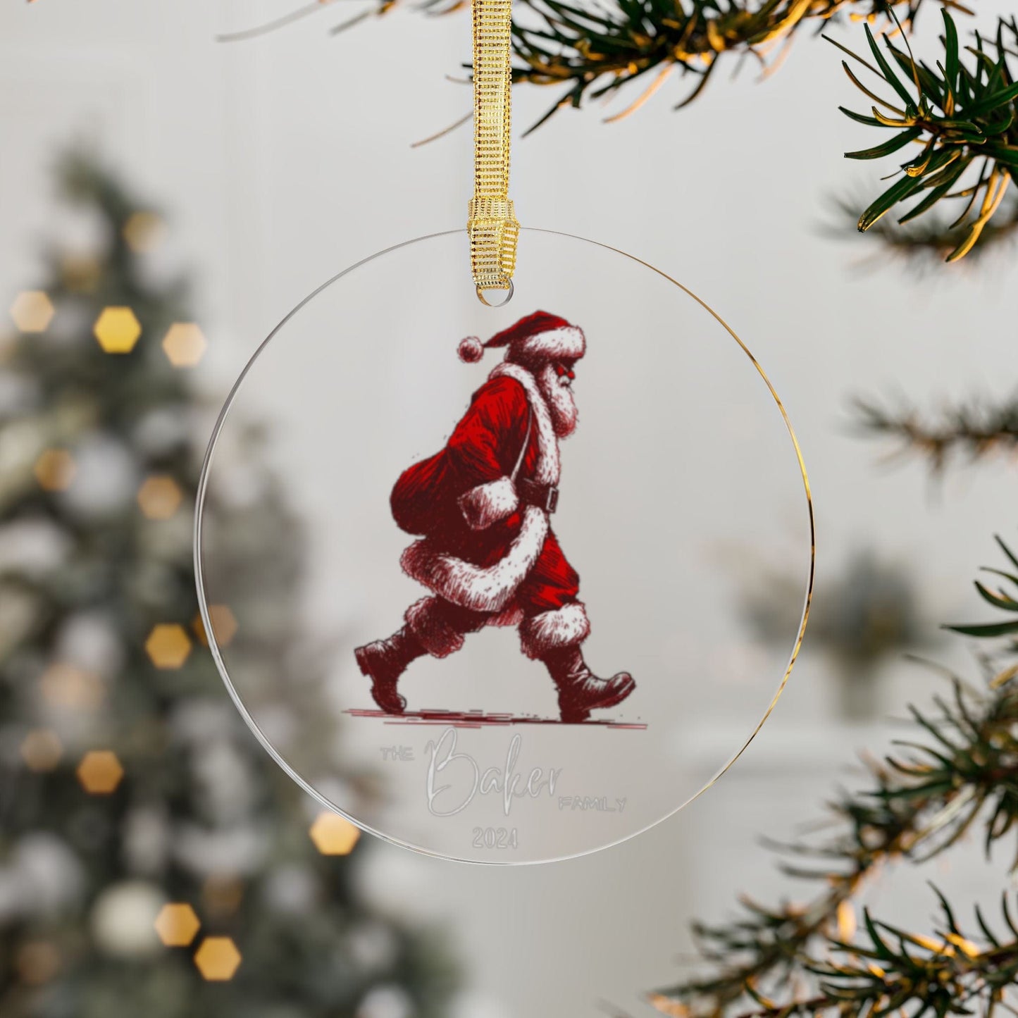 Red White Minimalist Personalized Family Acrylic Bauble 2024 with Name Walking Santa Illustrated for Christmas (3mm) - Circle Shape | First Xmas Couple Gift