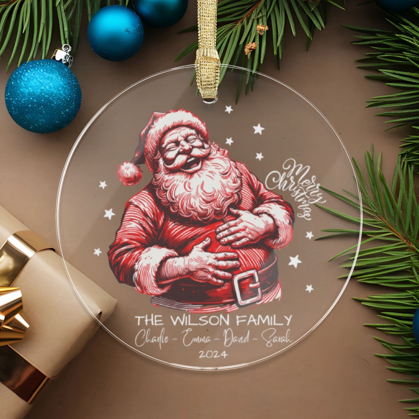 Red White Custom First Christmas as a Family of Four Acrylic Ornament 2024 with Laughing Santa Illustration (3.5inch) - Circle Shape | New Family Holiday Gift