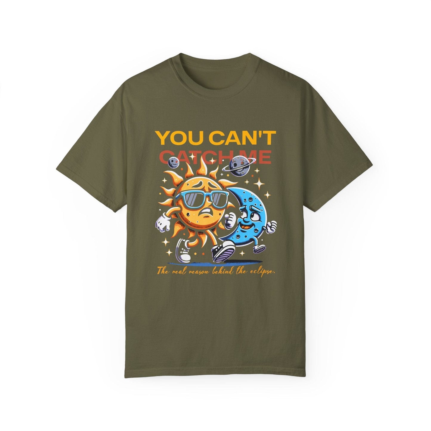 Moon Chasing Sun 2024 Solar Eclipse Funny Comfort Colors Shirt Adult S-4XL - Black/Sage