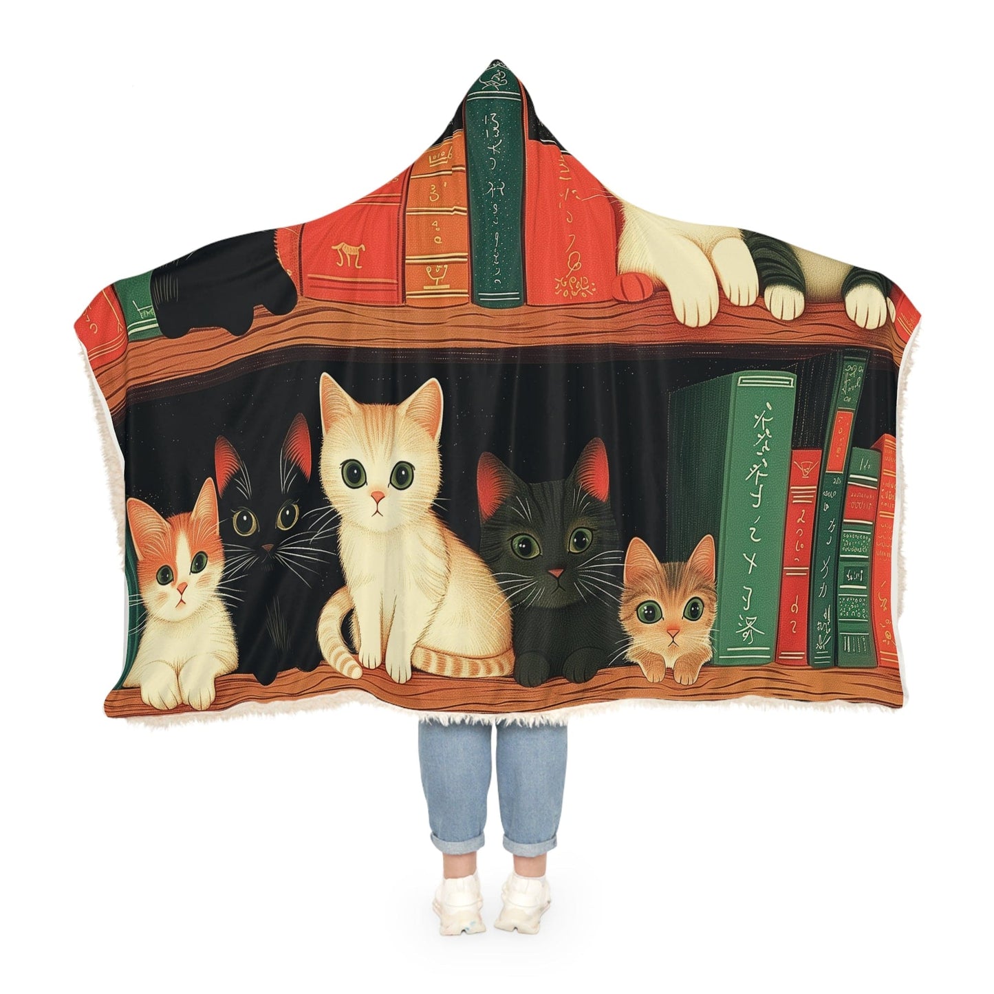 Long Hoodie Blanket Library of Small Funny Kittens (203 x 140 cm) for Book Lovers