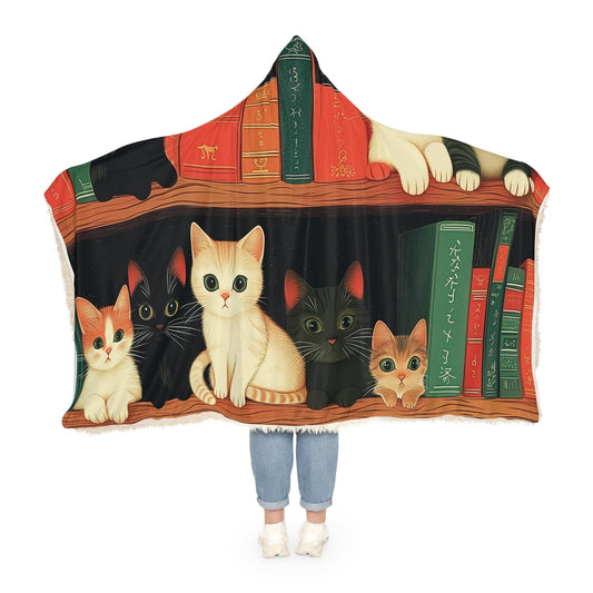 Long Hoodie Blanket Library of Small Funny Kittens (203 x 140 cm) for Book Lovers