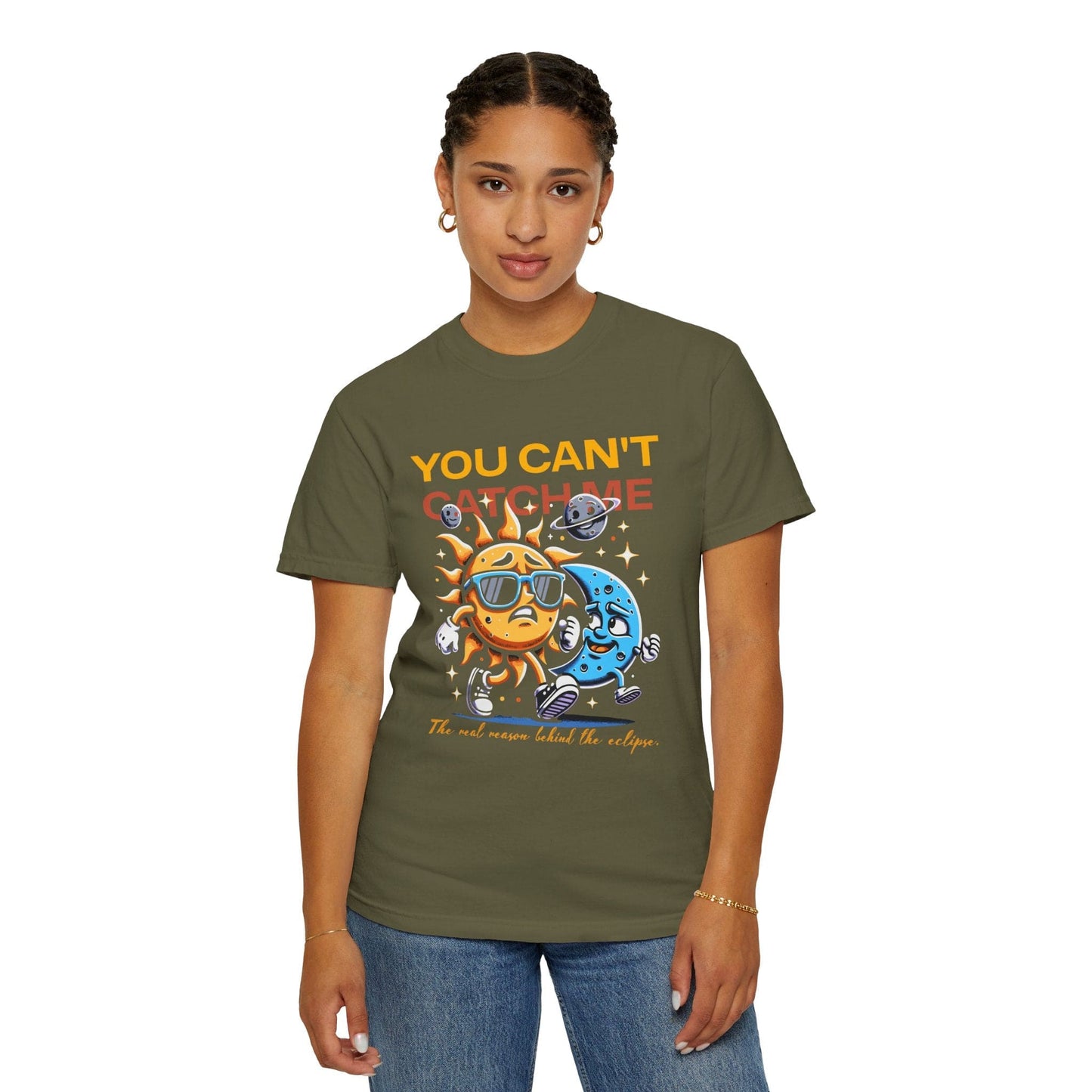 Moon Chasing Sun 2024 Solar Eclipse Funny Comfort Colors Shirt Adult S-4XL - Black/Sage