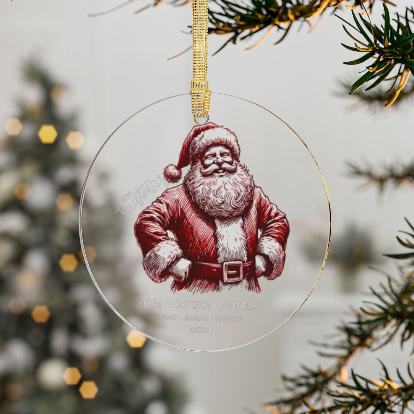 Red White Customized Custom Family 2024 Clear Acrylic Ornament with 3 Names for Christmas Featuring Laughing Santa (3.5inch) - Circle Shape | Our First Christmas Gift for Family, Friends, Coworkers, Employees