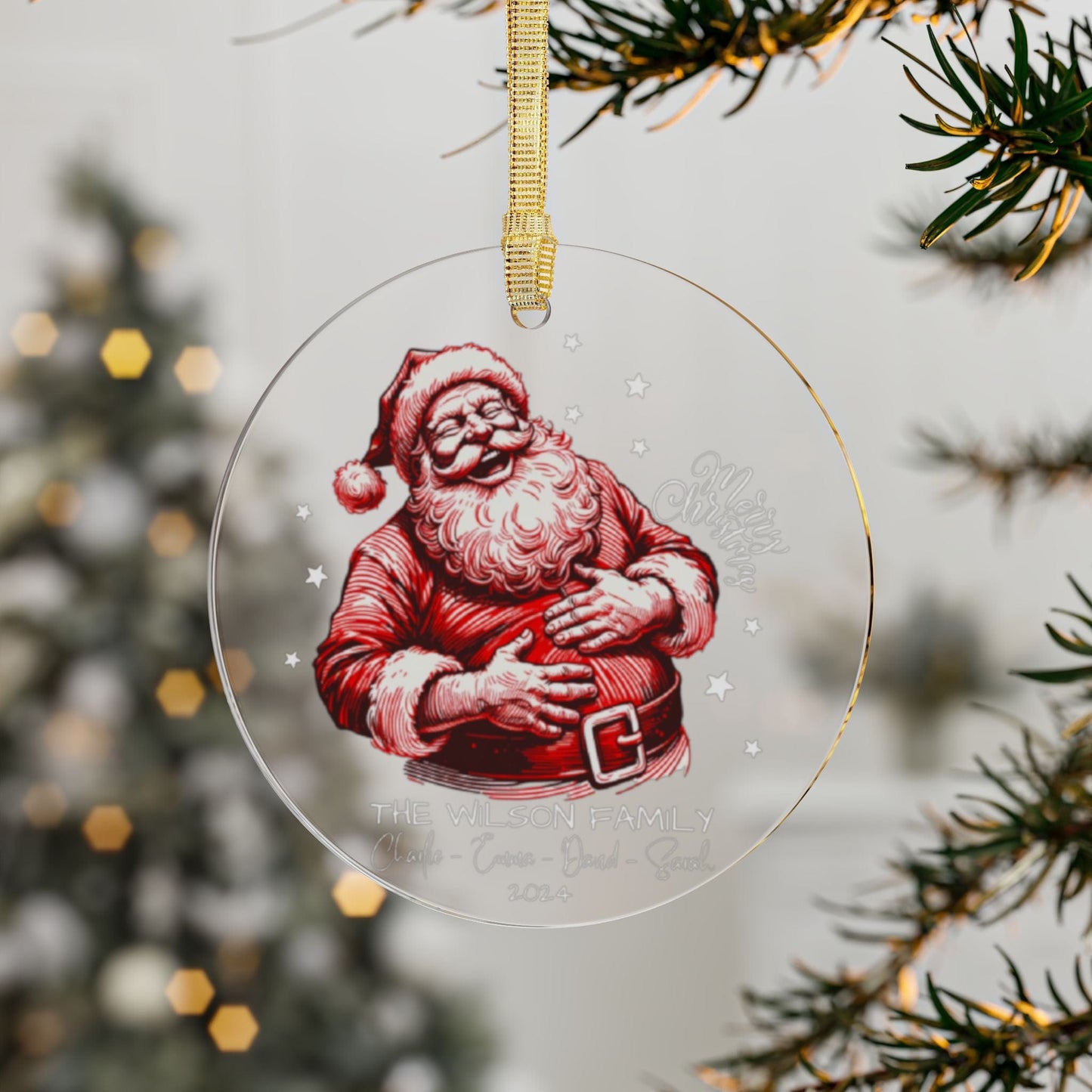 Red White Custom First Christmas as a Family of Four Acrylic Ornament 2024 with Laughing Santa Illustration (3.5inch) - Circle Shape | New Family Holiday Gift