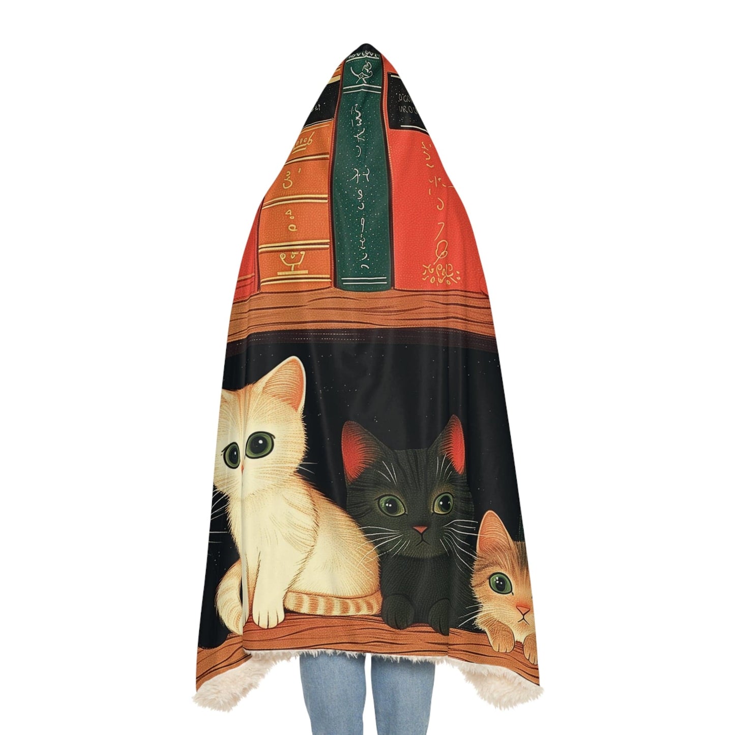 Long Hoodie Blanket Library of Small Funny Kittens (203 x 140 cm) for Book Lovers