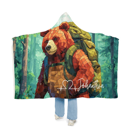 Oversized Fleece Hooded Blanket Smokey Bear In Woods (203 x 140 cm) with Personalized Name - Sherpa Custom Hoodie Blanket for Women