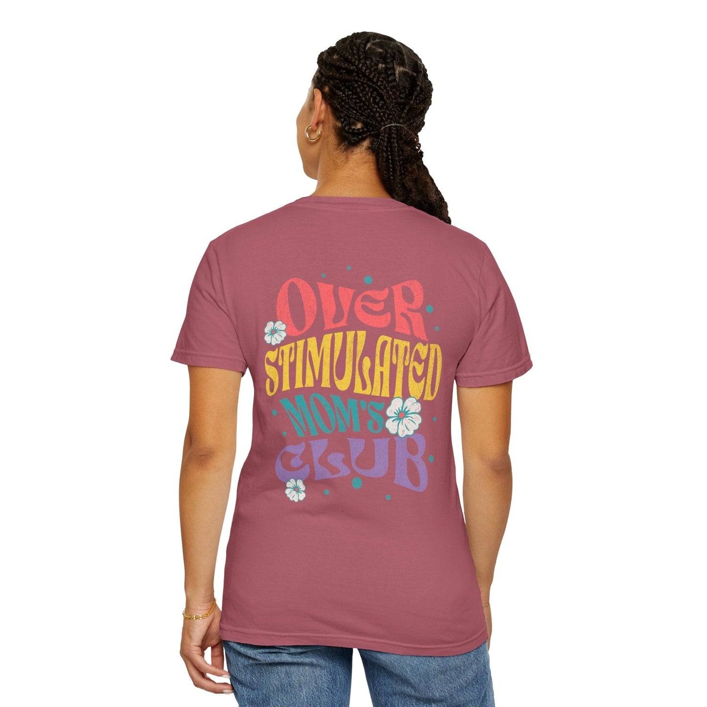 Cute Retro Overstimulated Mom's Club Shirt for Women - Sage/Crimson, Sarcastic Tee, Back Design