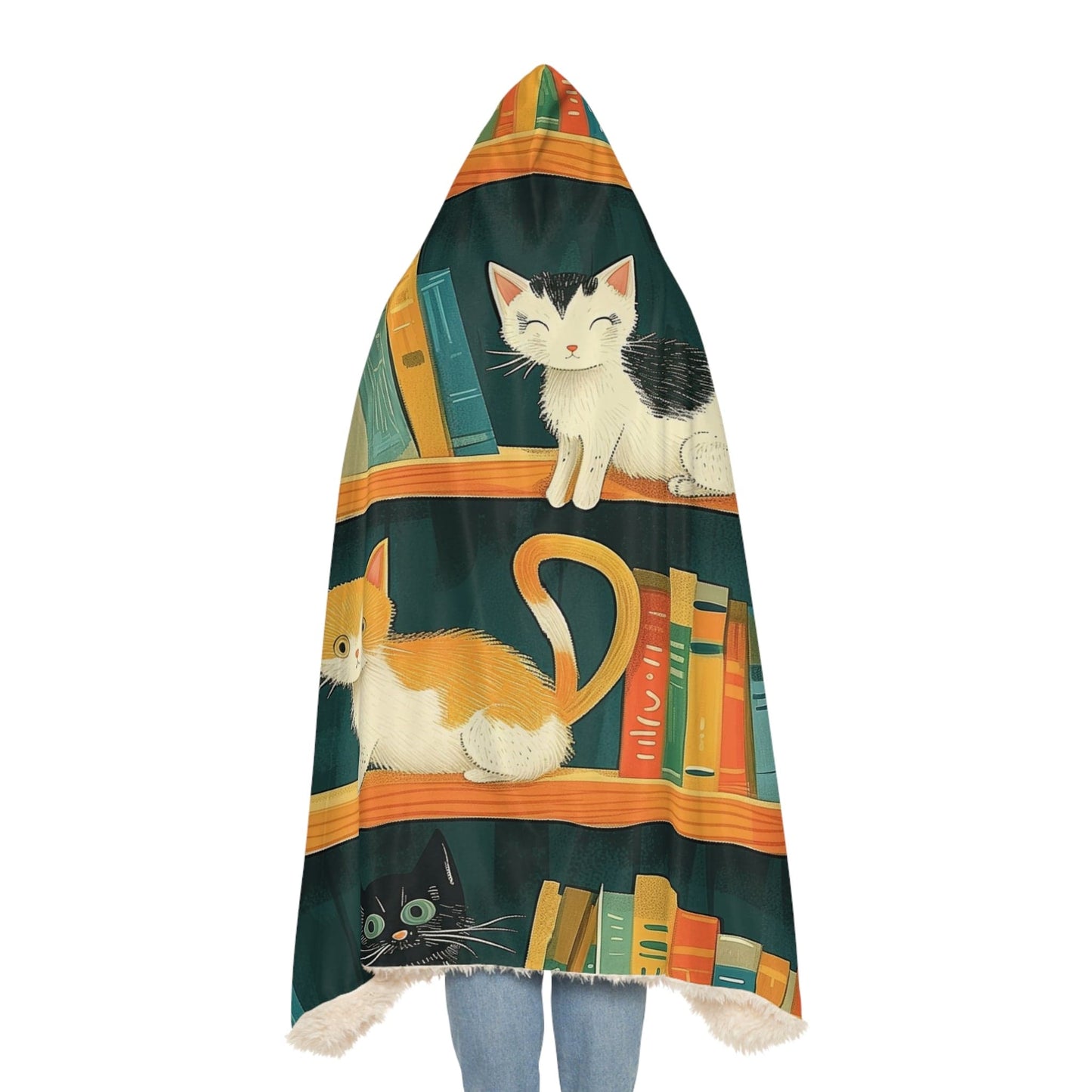 Snuggie Hoodie Small Funny Kittens on Book Shelve (203 x 140 cm) for Book Lovers