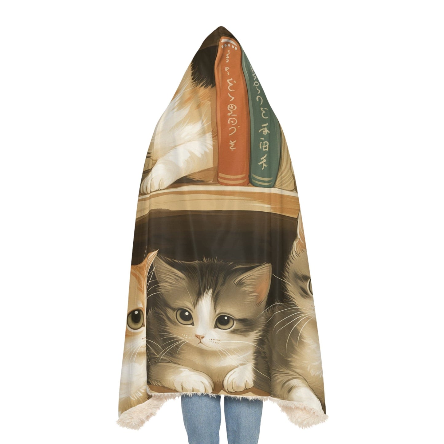 Fluffy Hooded Blanket Adorable Cats on Book Shelve (203 x 140 cm) for Cat Lovers
