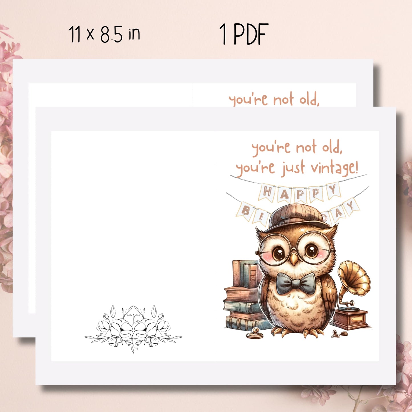Printable 8.5"x11" sheet of the 2024 Vintage Owl Birthday Card, ready for instant download and gifting, featuring a unique and humorous owl design for owl lovers.