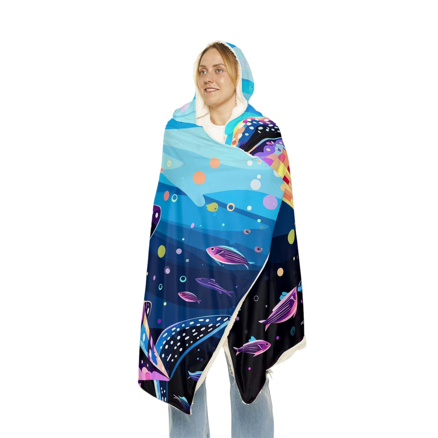 Soft Hooded Blanket Whale Shark (203 x 140 cm) with Custom Name - Oversized Wearable Blanket for Women