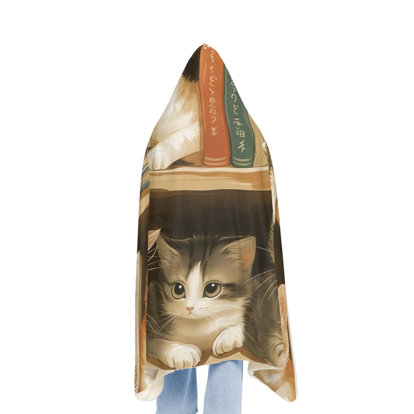 Fluffy Hooded Blanket Adorable Cats on Book Shelve (203 x 140 cm) for Cat Lovers