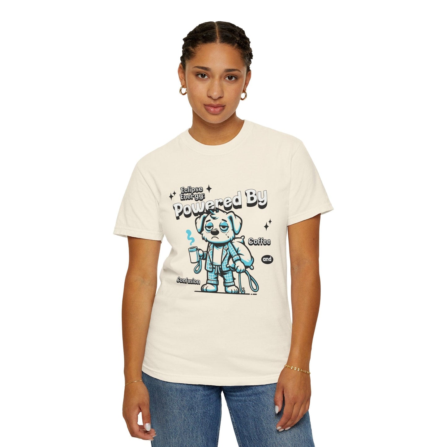 Funny Powered By Eclipse Energy Solar Eclipse 2024 Comfort Colors Tee Adult S-4XL - Ivory/Blossom