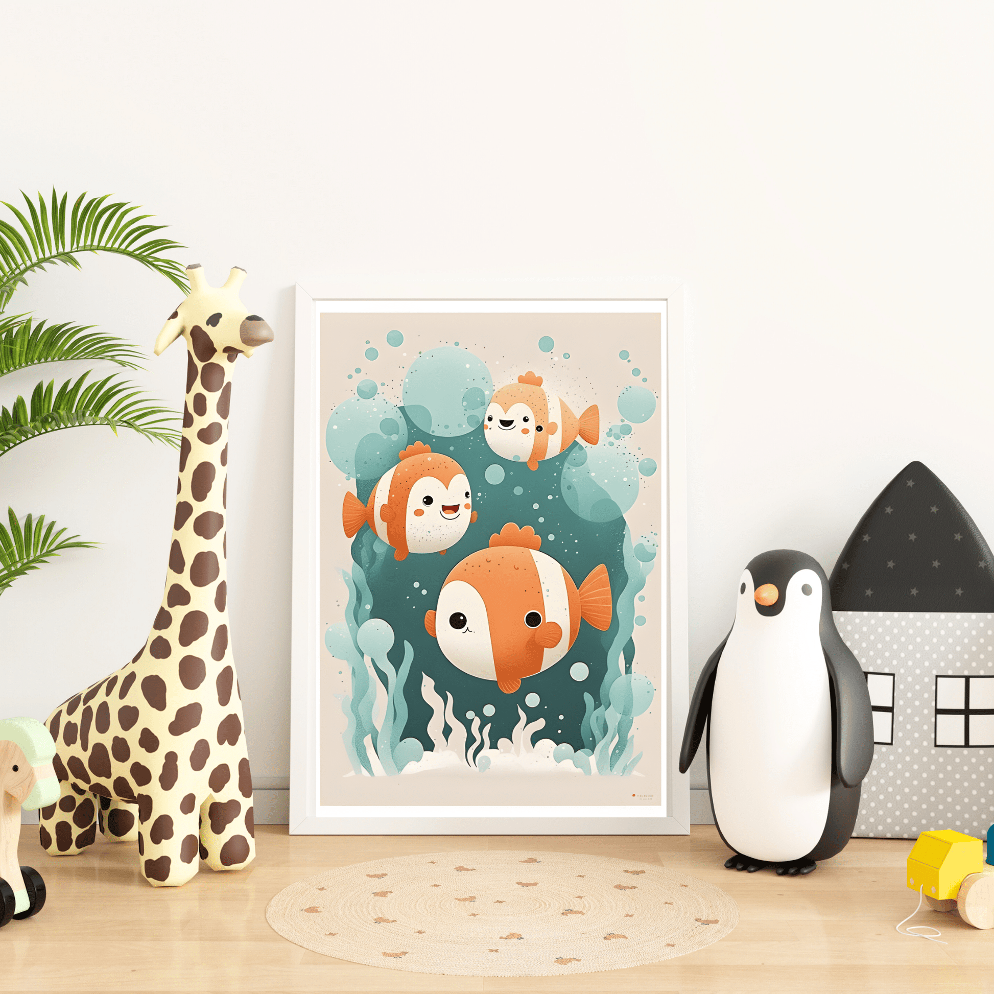 framed poster of kids wall art on the floor of a kid's room