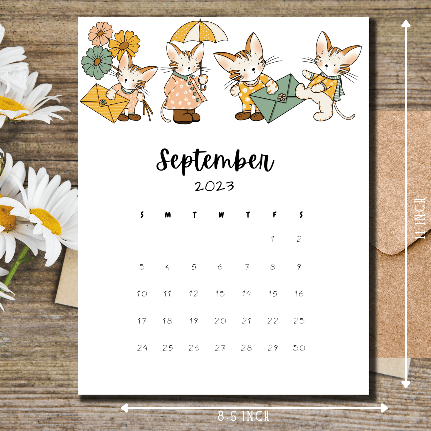 Instantly downloadable A4-sized September 2023 calendar featuring a cat theme, perfect for monthly planning.