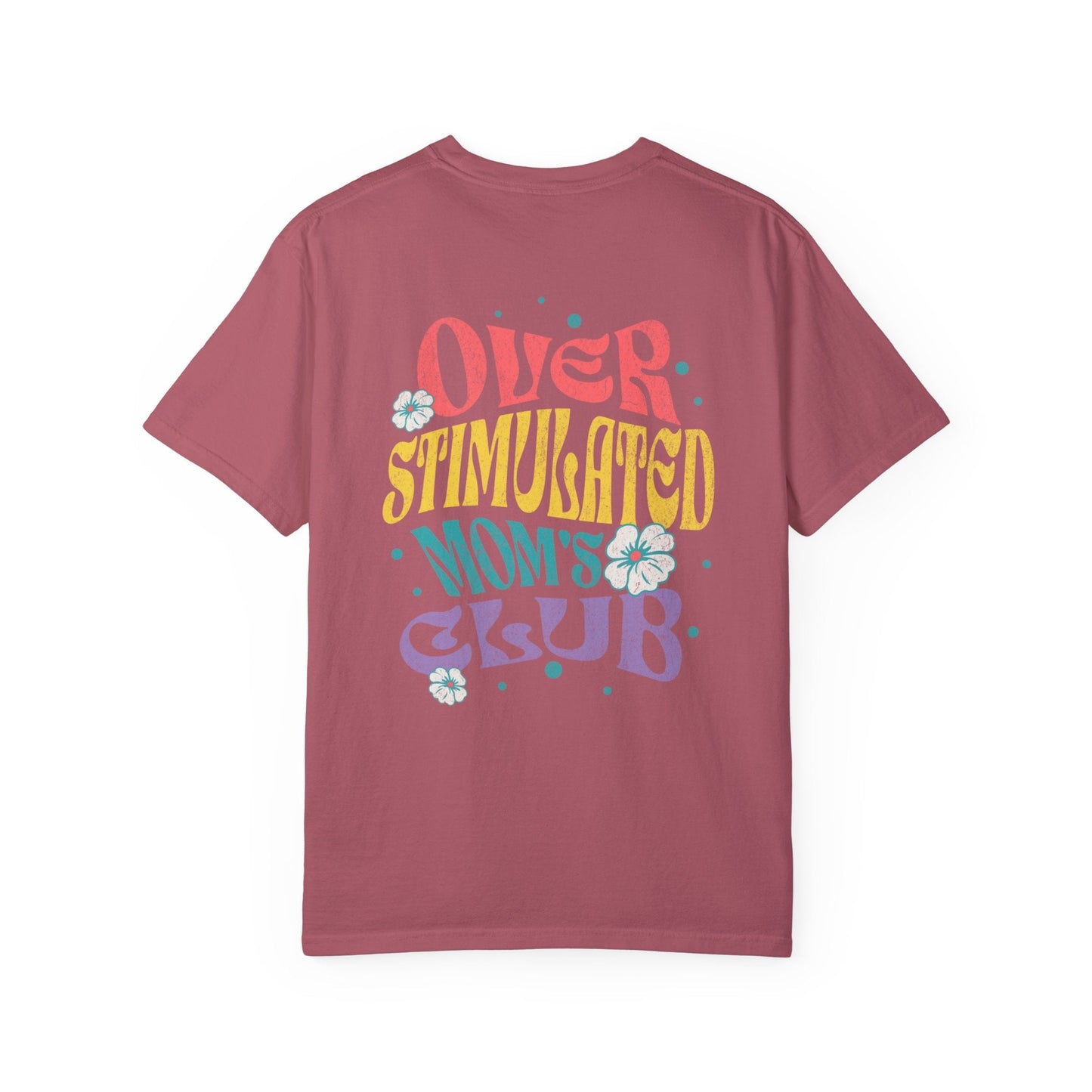 Cute Retro Overstimulated Mom's Club Shirt for Women - Sage/Crimson, Sarcastic Tee, Back Design