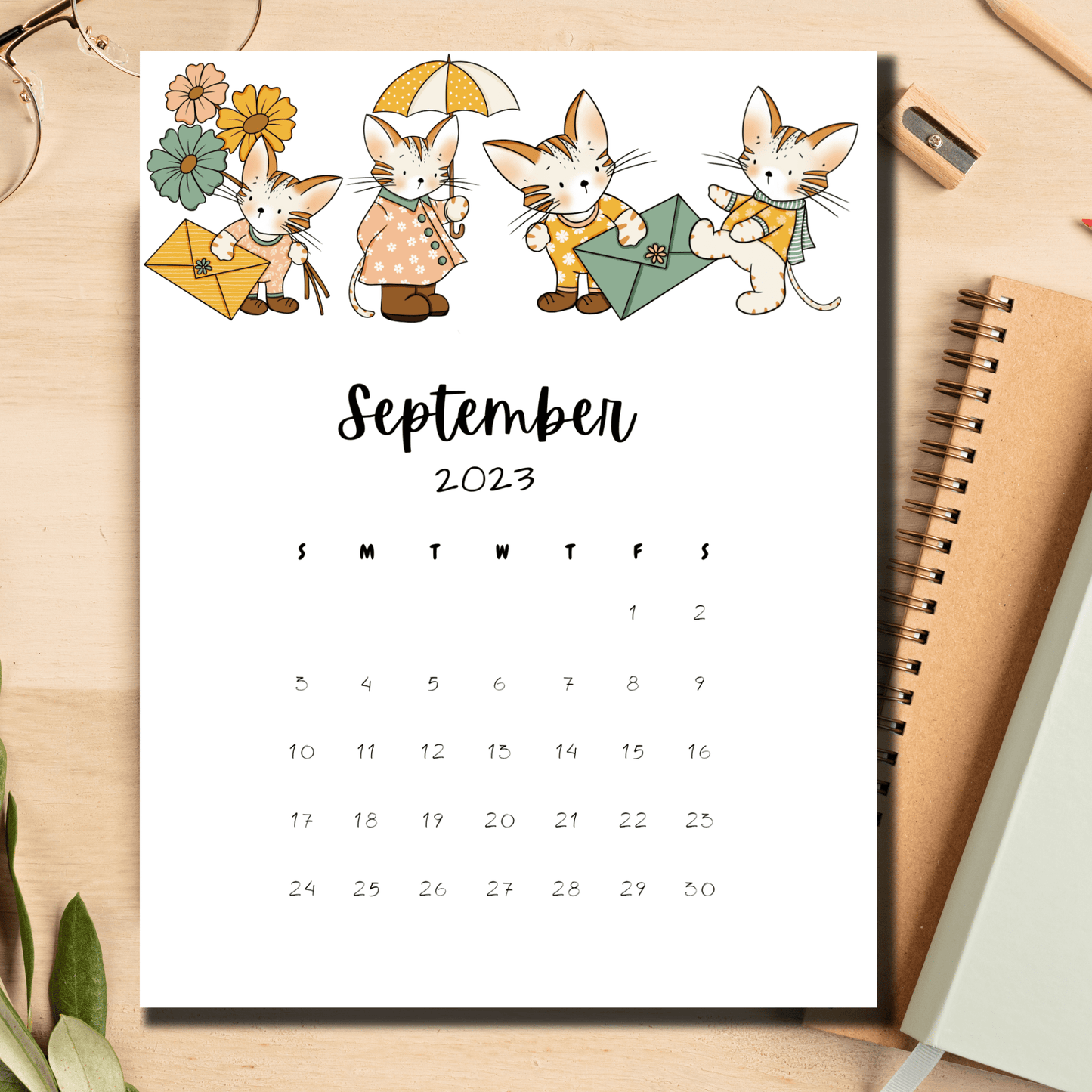 September 2023 calendar in PDF format, featuring cute cats and starting on Sunday, for easy week planning