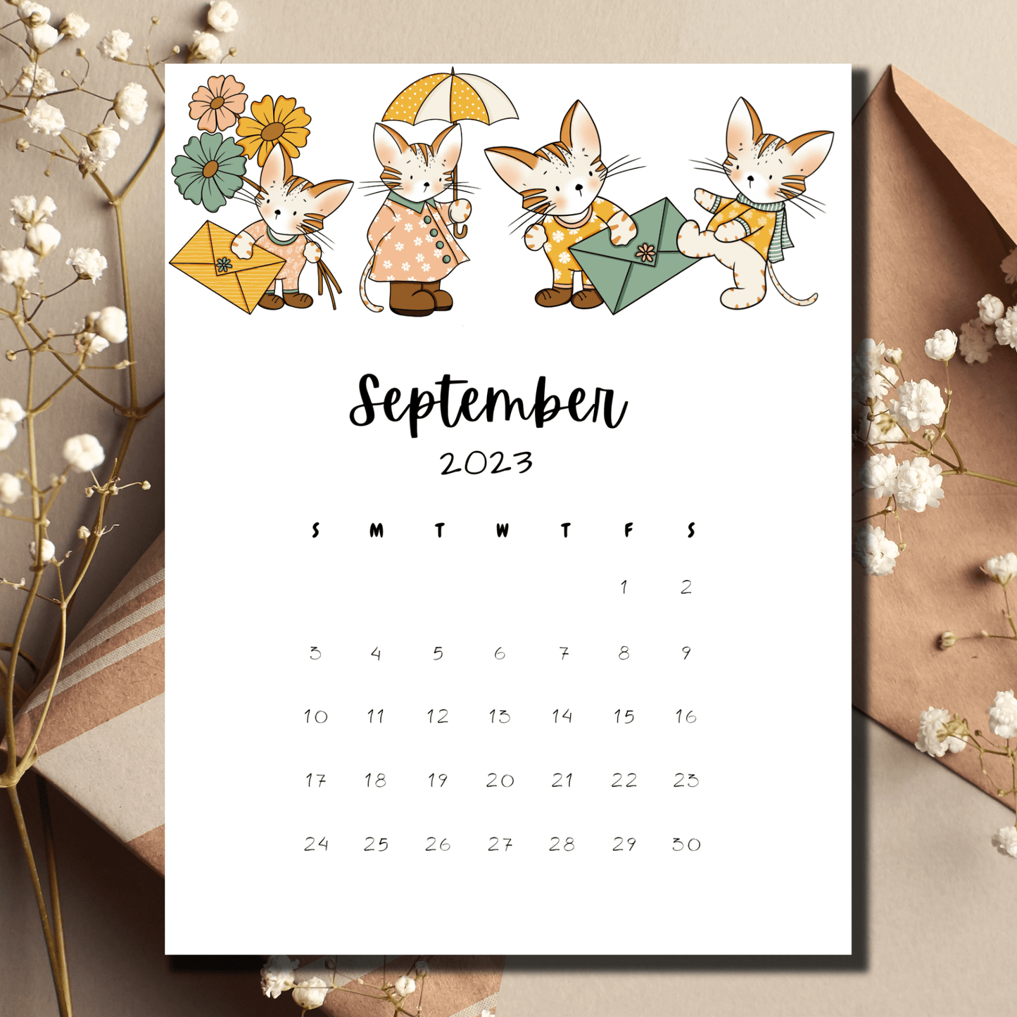 High-resolution PDF of a September 2023 calendar with cat designs, available in A4 size, offering a monthly view starting on Sunday.