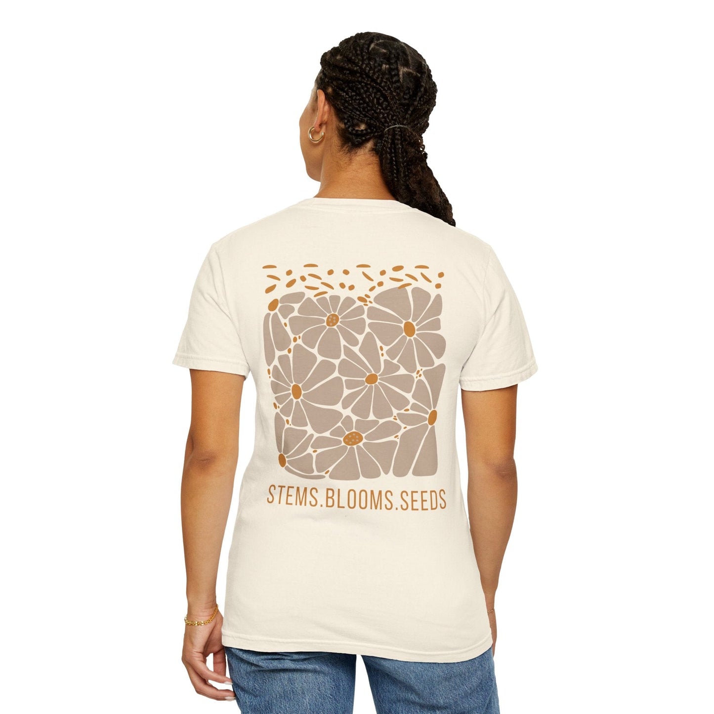 Boho Wildflowers Floral Back Print Graphic Tee for Women - Ivory/Blossom, Abstract Flower Nature Shirt