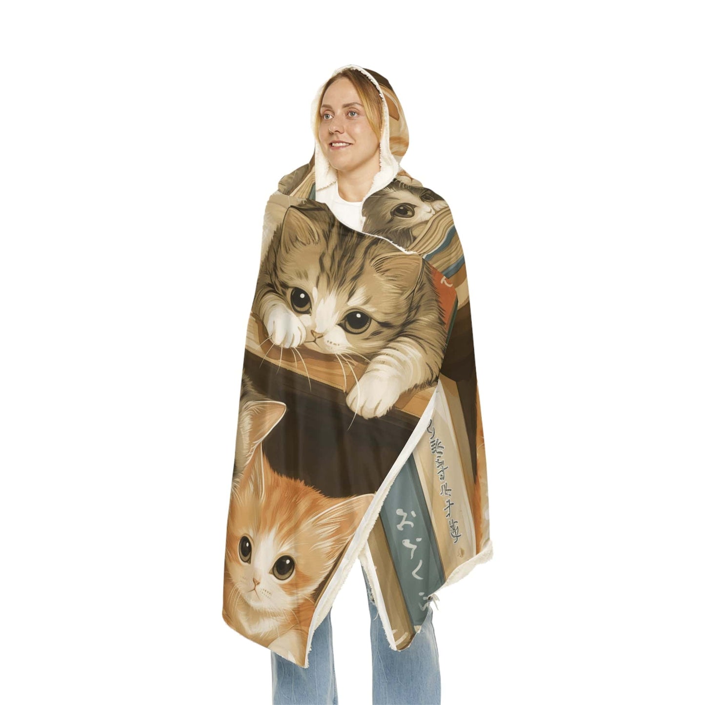 Fluffy Hooded Blanket Adorable Cats on Book Shelve (203 x 140 cm) for Cat Lovers