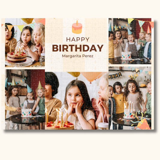 500 pieces of a custom birthday jigsaw puzzle on a beige background.
