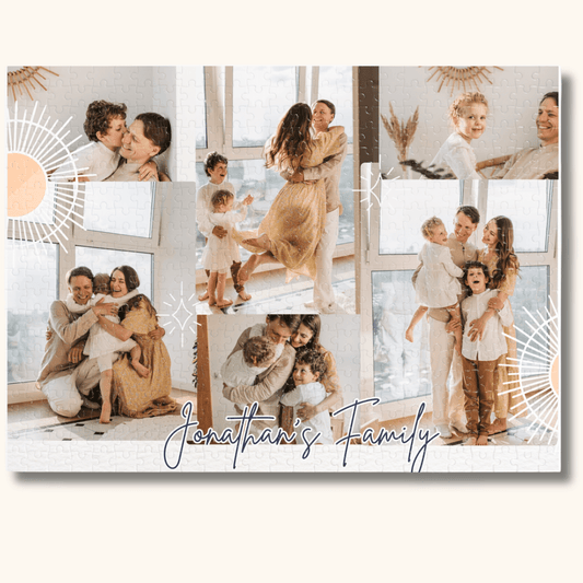 500 pieces of a custom jigsaw puzzle on a beige background, showcasing puzzle complexity.