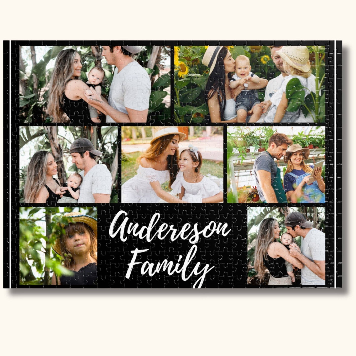 500 pieces of a custom family photo collage puzzle on a beige background.