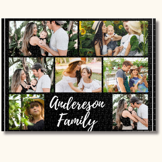 500 pieces of a custom family photo collage puzzle on a beige background.
