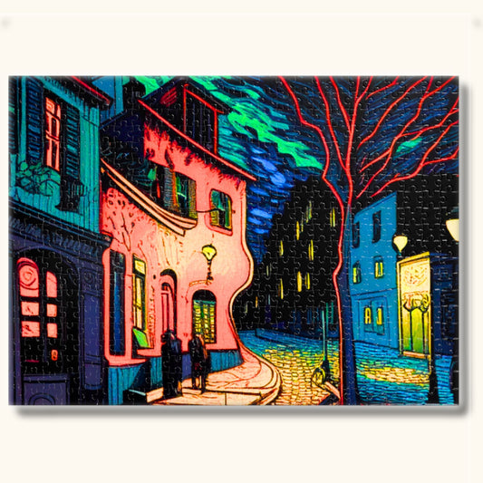 Close-up view of the 500-piece Vincent Van Gogh Starry Night Inspired Cityscape Puzzle, revealing intricate details.