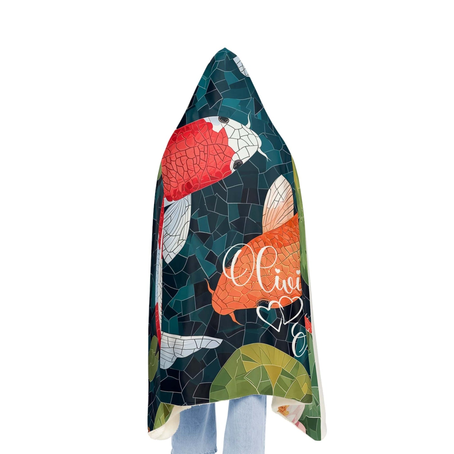 Wearable Koi Fish in Pond with Personalized Couple Name (203 x 140 cm) - Sherpa Blanket Hoodie for Women - Stained Glass Effect
