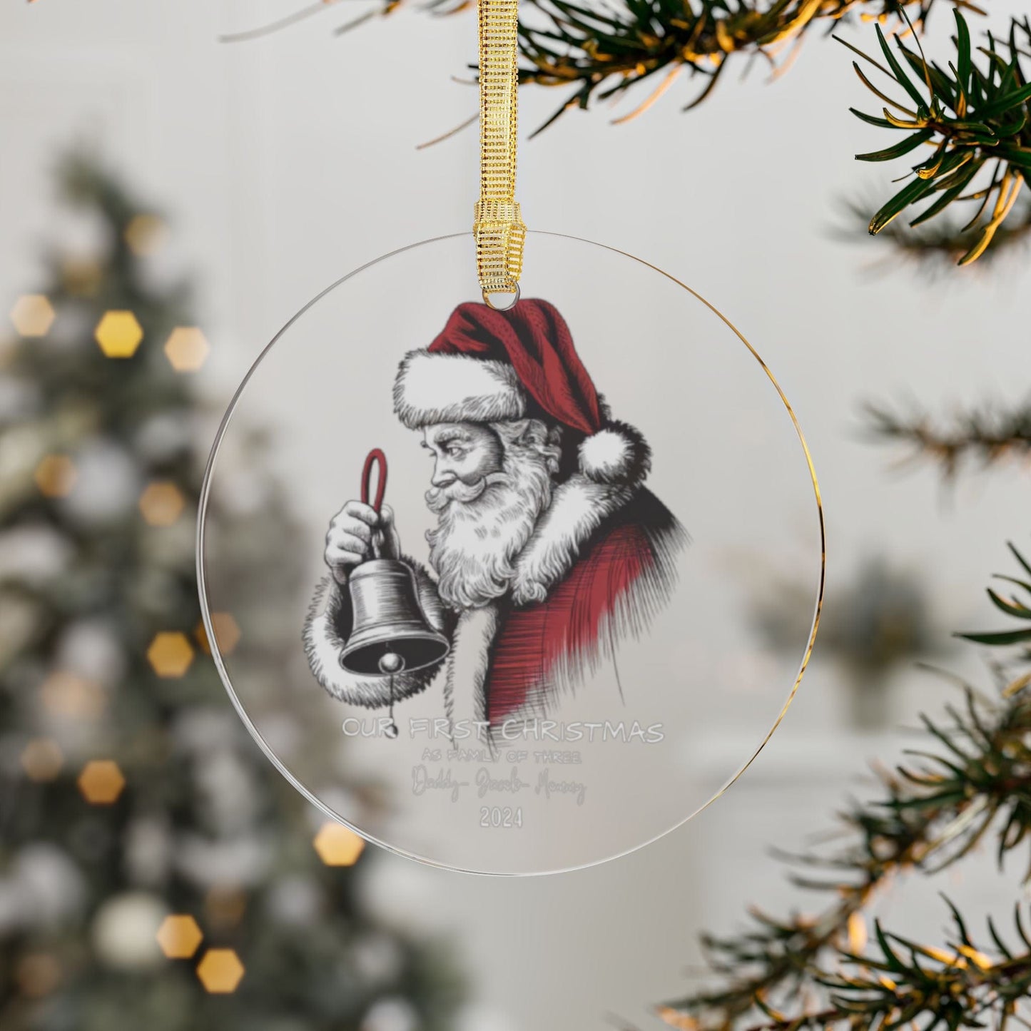 Red White Custom Engraved Family Name Clear Acrylic Bauble for Christmas Featuring Santa with Bell (3.5inch) - Circle Shape | Unique Holiday Gift Decor