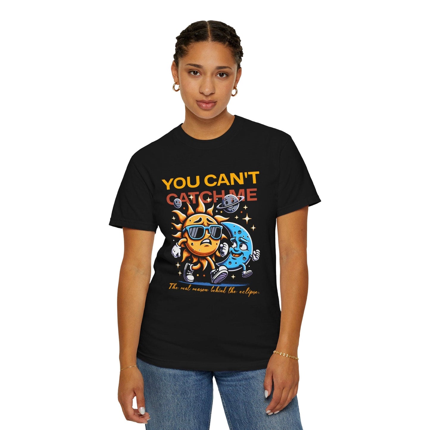 Moon Chasing Sun 2024 Solar Eclipse Funny Comfort Colors Shirt Adult S-4XL - Black/Sage