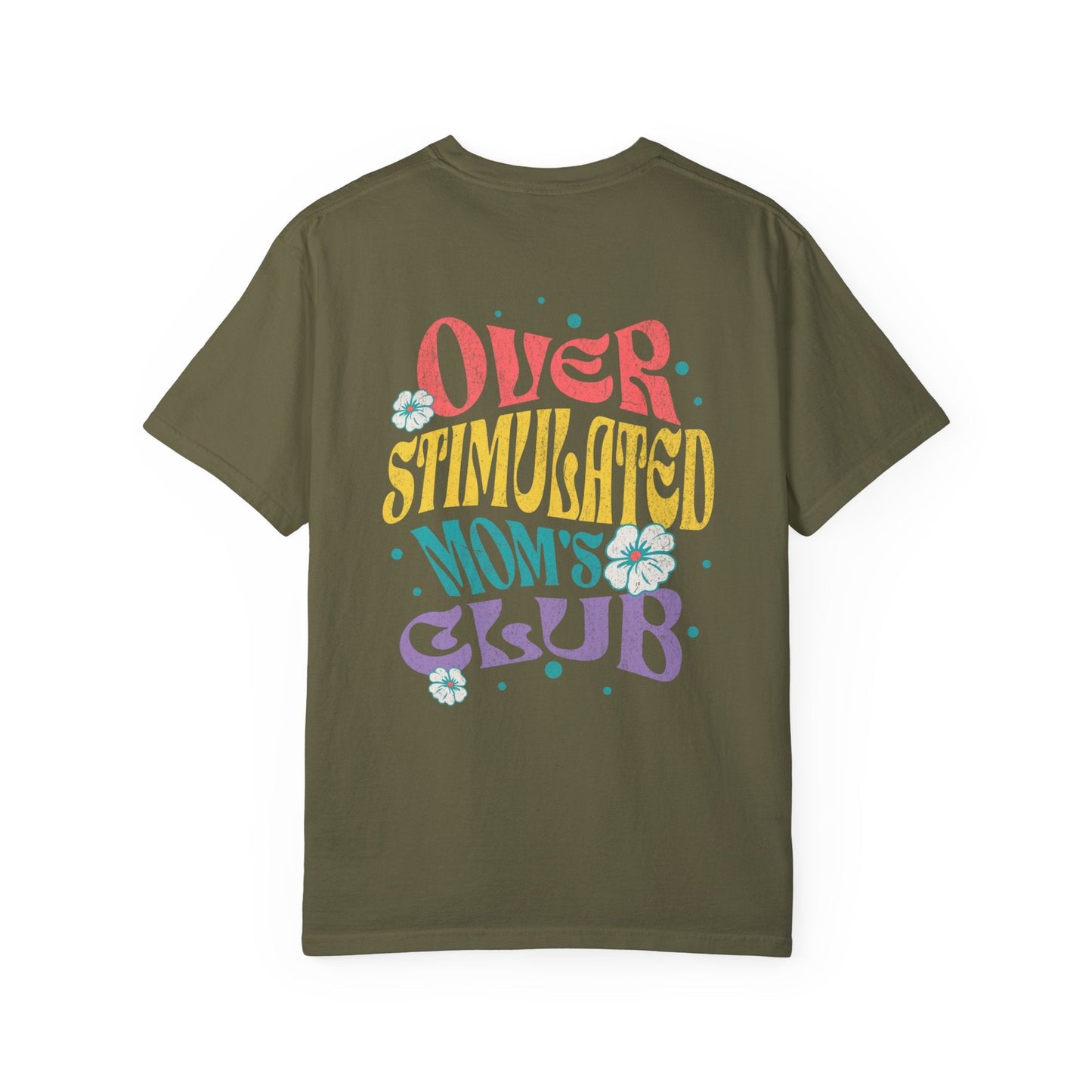 Cute Retro Overstimulated Mom's Club Shirt for Women - Sage/Crimson, Sarcastic Tee, Back Design