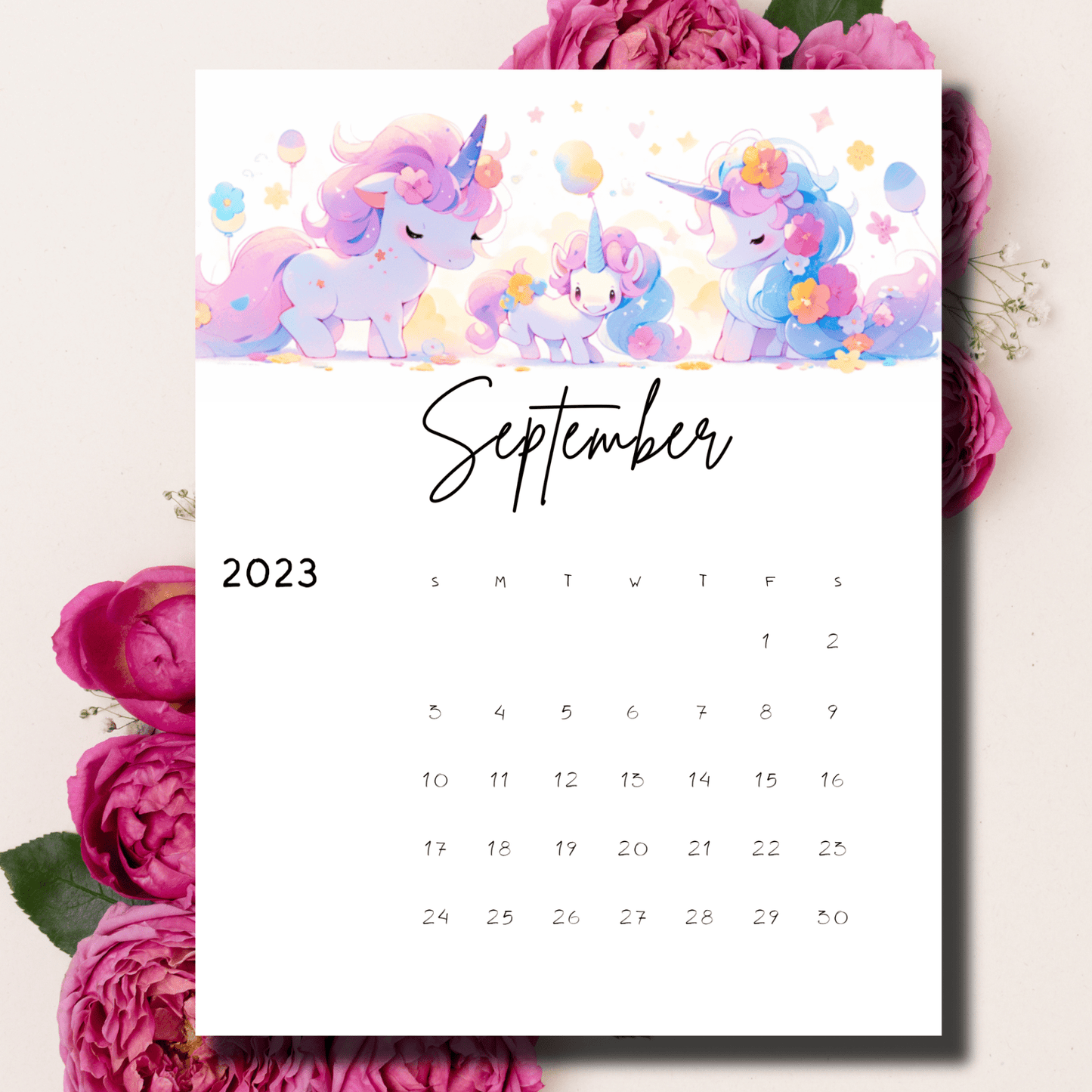 Sarsari Creations' September 2023 vertical calendar, designed for easy printing in A4 PDF format, adorned with enchanting anime unicorn graphics.