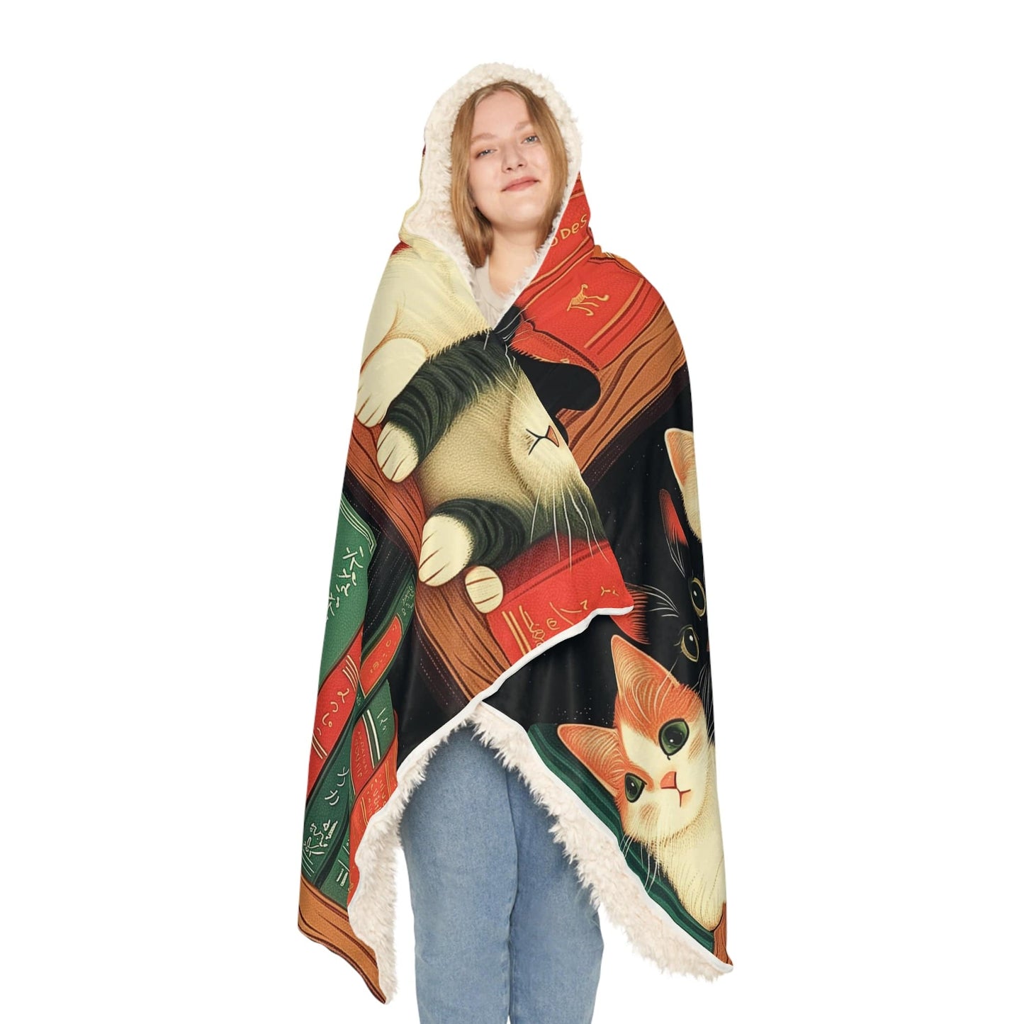 Long Hoodie Blanket Library of Small Funny Kittens (203 x 140 cm) for Book Lovers