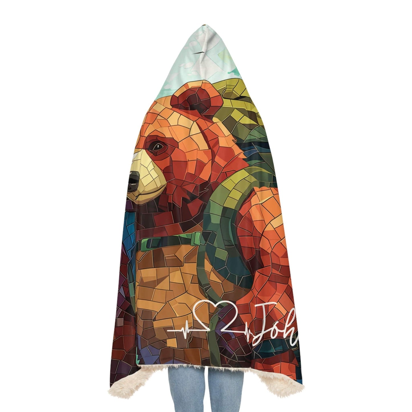 Oversized Fleece Hooded Blanket Smokey Bear In Woods (203 x 140 cm) with Personalized Name - Sherpa Custom Hoodie Blanket for Women